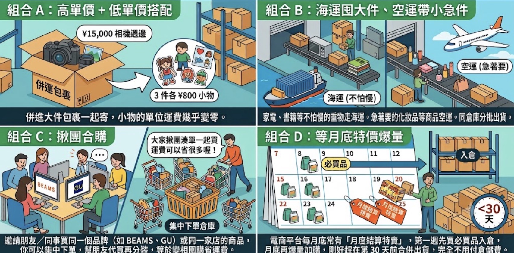海外購物併運省運費技巧圖解：組合A高單價低單價搭配併運降低單位運費、組合B海運囤大件空運寄急件、組合C揪團合購集中下單倉庫、組合D等月底特價入倉後30天內併出貨免倉儲費