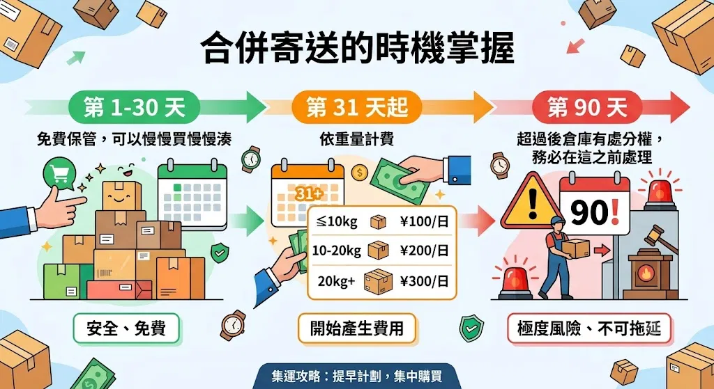 合併寄送時機表：30天免費保管、31天起計費、90天倉庫處分權